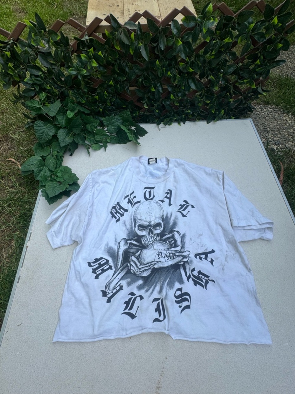 Metal Mulisha White Short-Sleeve T-Shirt with Black Skull Graphic